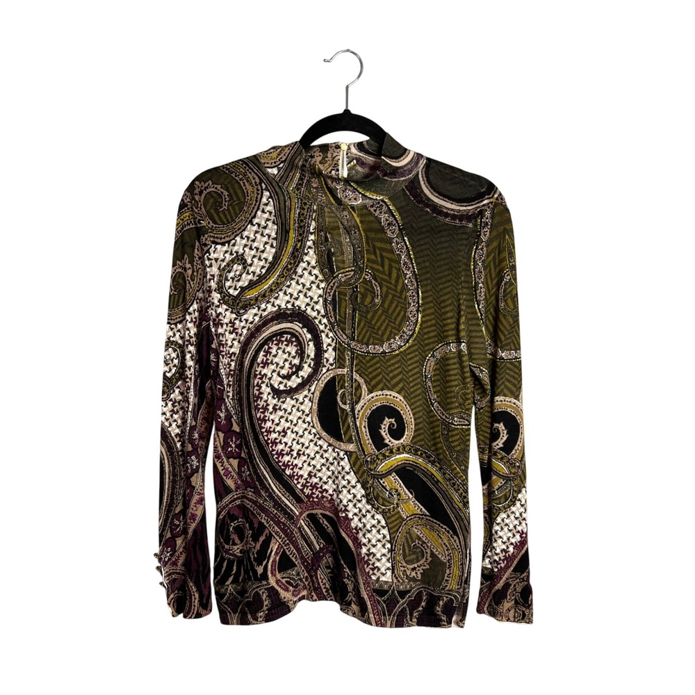 Chicos Fitted Mock Neck Patterned Top Size 1 Small Zip Back‎ Equestrian